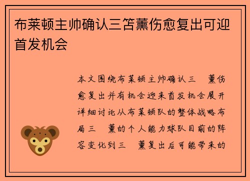 布莱顿主帅确认三笘薰伤愈复出可迎首发机会